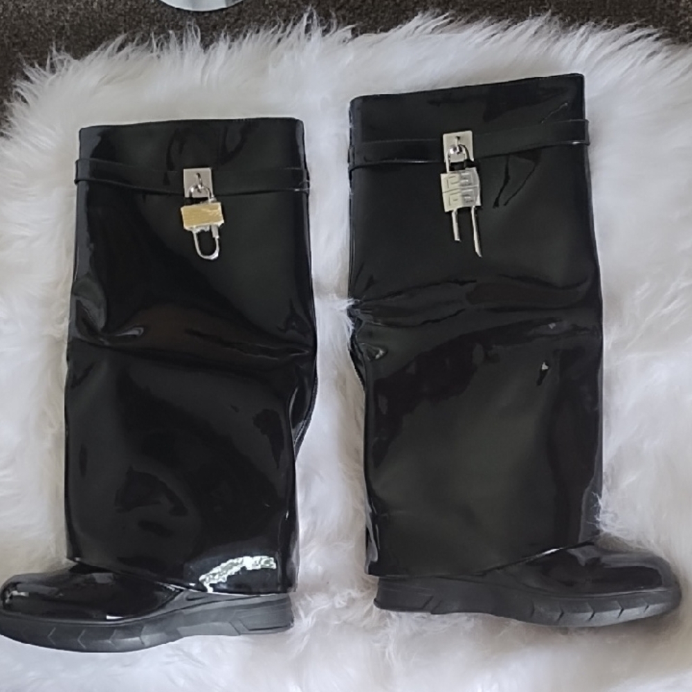 Black Patent Leather Boots with Silver Buckle *NWOT*